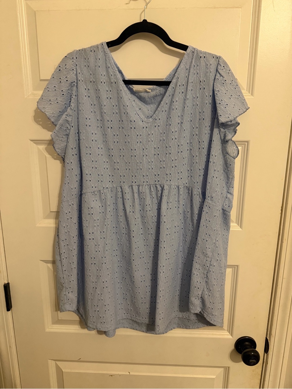 Chic Soul Light Blue Eyelet Blouse with V-Neck